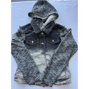 Daytrip Womens Distressed Jean Jacket Crop Hooded Knit Sleeves Black Gray‎ Sz M